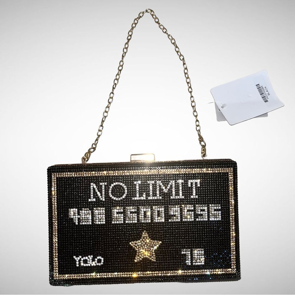 New J Black “No Limit…Yolo” Credit Card Rhinestone Clutch with Chain Purse